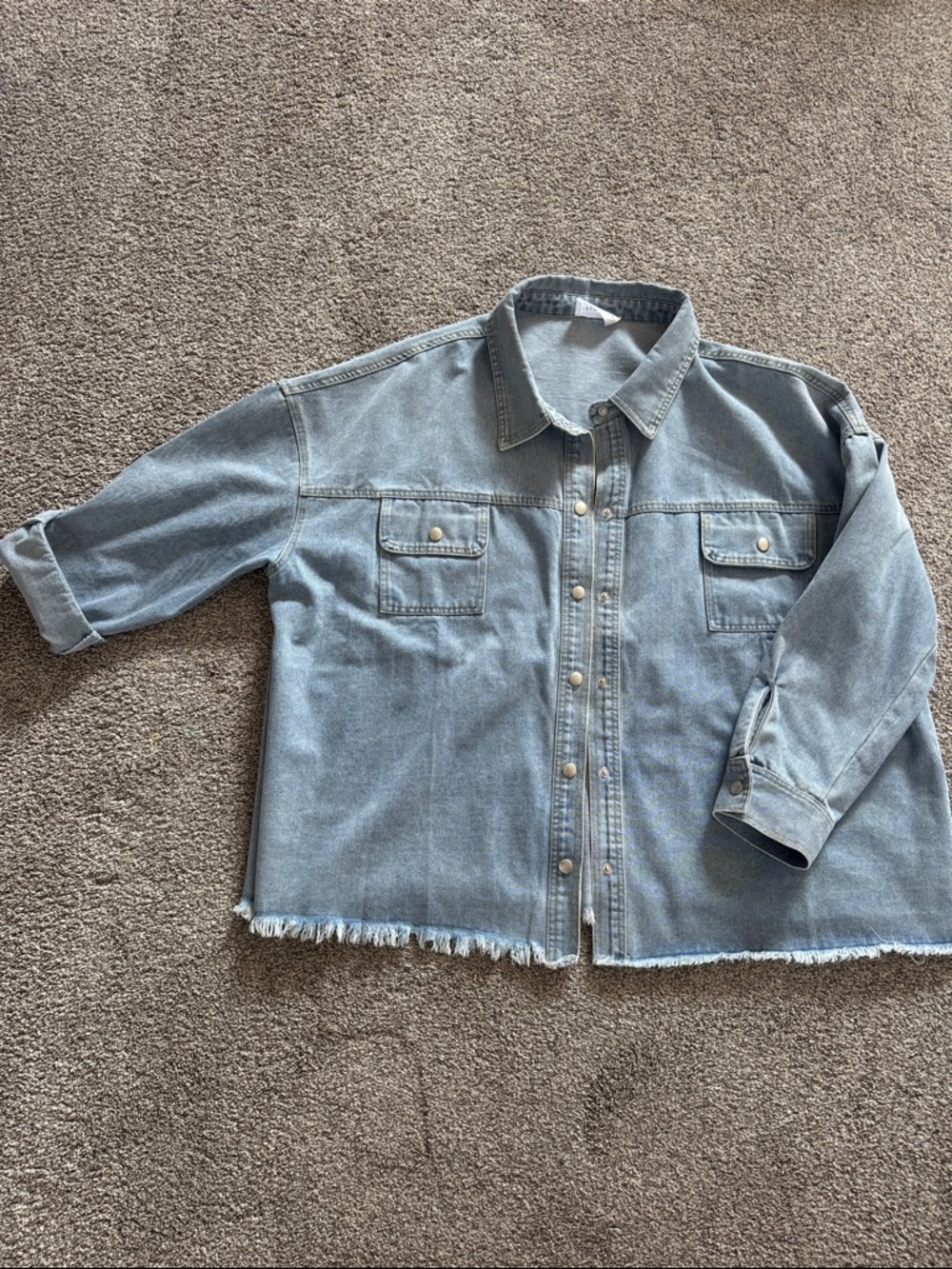 Light Wash Denim Smiley Face Shacket with Frayed Hem